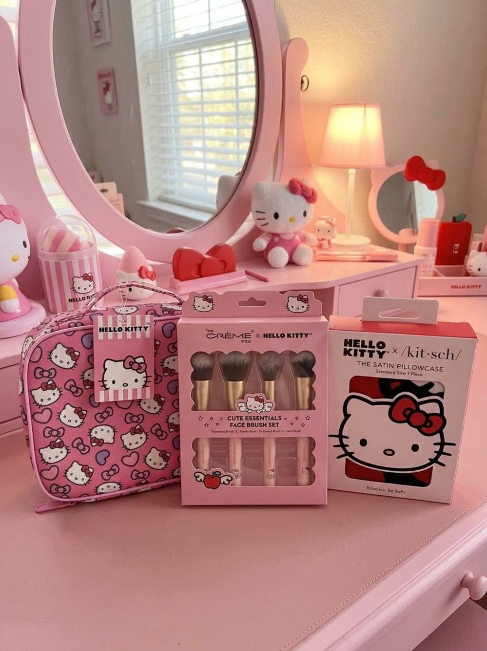 Hello Kitty Pink Kids Makeup Brush & Satin Pillowcase Gift Set with Travel Case